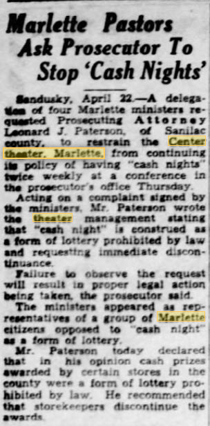 Center Theatre - Local Preachers Accuse Theater Of Gambling April 1938